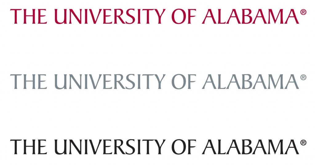 The text in the image is: THE UNIVERSITY OF ALABAMA. There are three different font colors, crimson, gray and black.