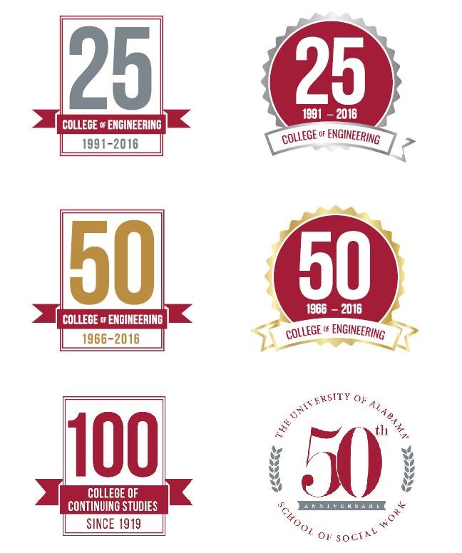 examples of different 25, 50, and 100 year anniversary marks