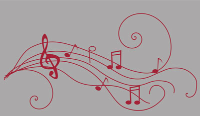 Red music notes on a gray background